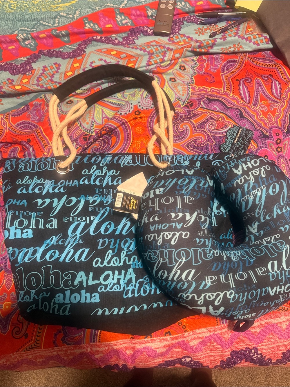 Blue Aloha Print Tote Bag with Rope Handles with neck pillow